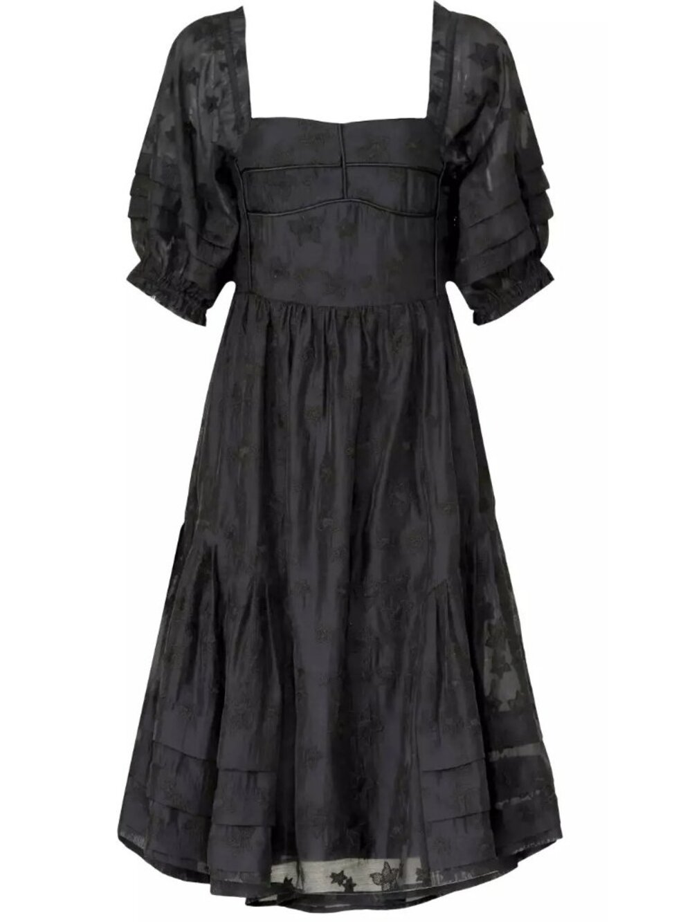 Hofmann Copenhagen Black Isabella Puff Sleeves Tonal Floral Midi Dress Sz 36 4
